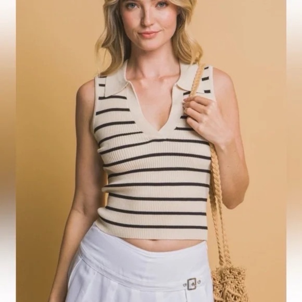 180 - Beige Striped Sleeveless V-Neck Top
